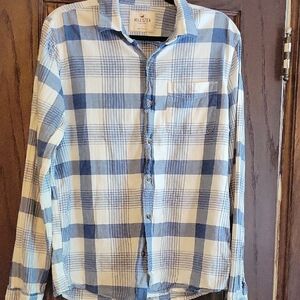🌻3 For $15 • Hollister Men's Casual Blue and Cream Plaid Shirt